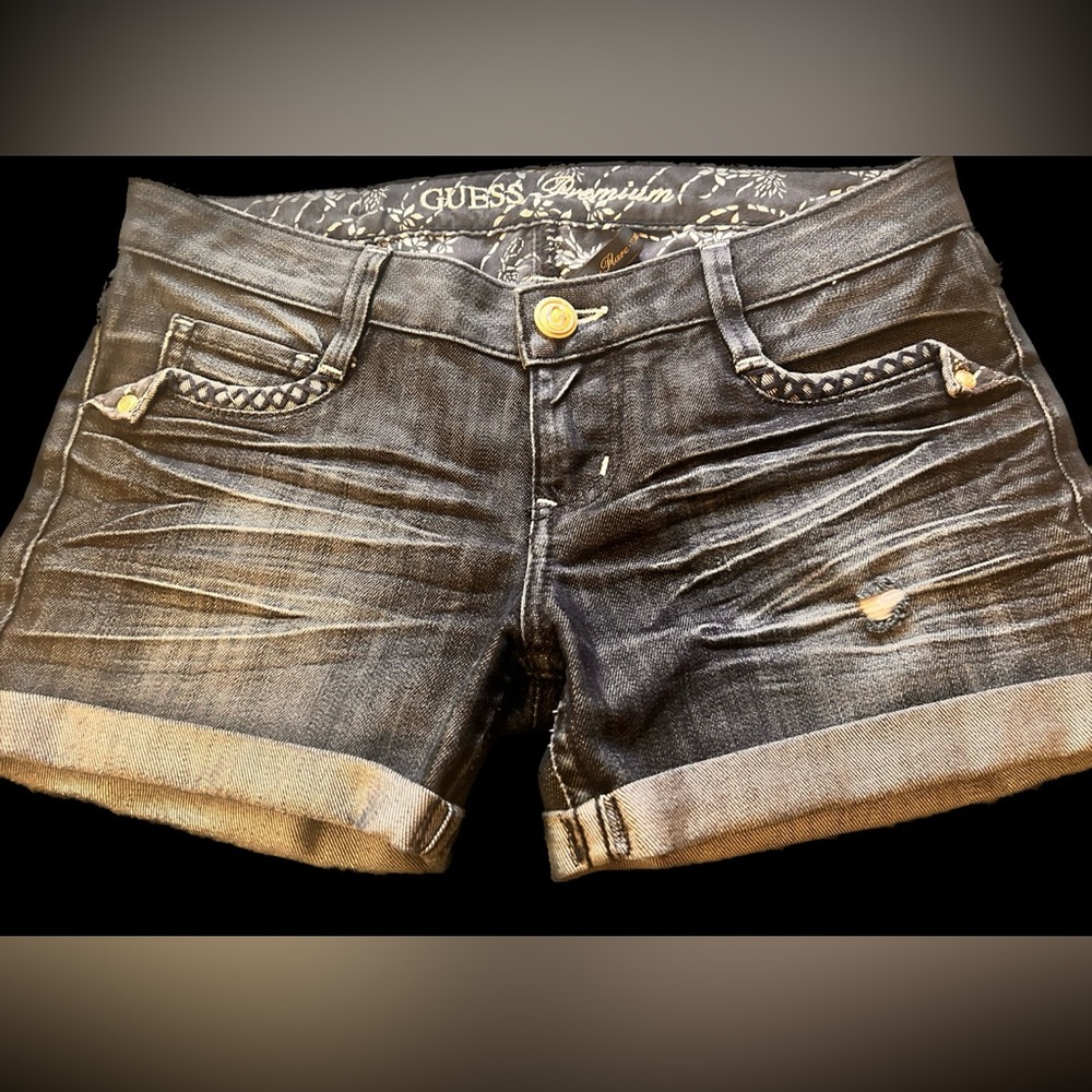Embroidered Dark Blue Denim Shorts